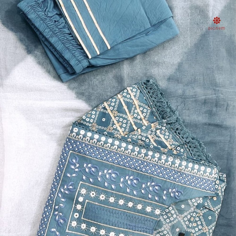 Sky Blue Printed Cotton Suit - Set of 3 - Picture 4 of 4